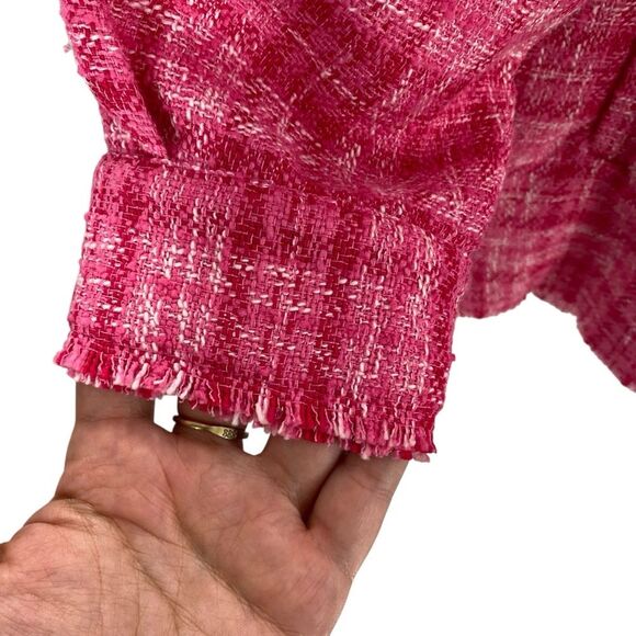 Zara Women’s S Oversized Shirt Jacket Pink Bouclee Plaid Tweed Fringe Hem Barbie - Picture 5 of 10